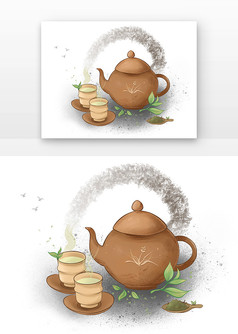 棕色水墨古风茶杯茶壶茶叶元素