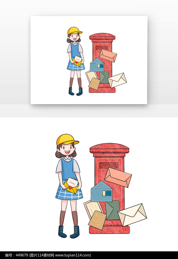 红色邮政日邮箱和人物小女孩组合元素