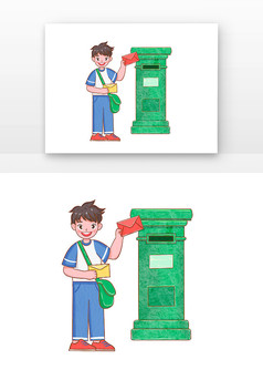 绿色邮政日邮箱和人物小男孩组合元素