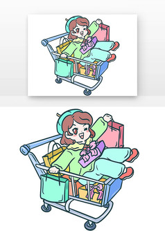 卡通女孩坐在购物车里