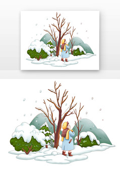 节令节气小雪冬季冬天女孩女生枯树雪景场景