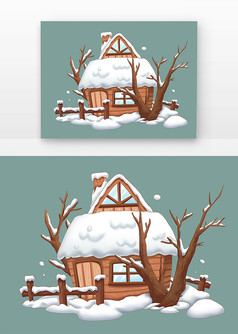 冬天木屋枯树雪景