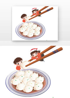 橙红色卡通粉涂用筷子夹饺子的儿童元素