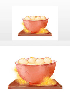 桂花四个汤圆红色大碗带托盘水彩插画小元素