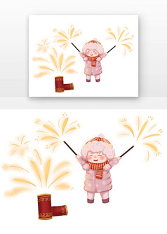 粉红色戴帽子条纹围巾的小孩放烟花元素