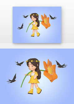 3D立春燕子与少女卡通元素