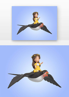3D立春燕子与少女卡通元素