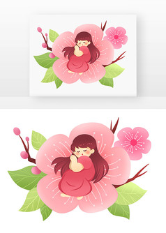 长发红色衣服少女坐在粉红色桃花花朵上