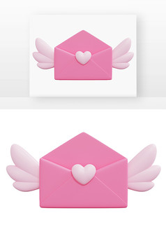 爱心创意粉红色信封翅膀爱心装饰3D元素