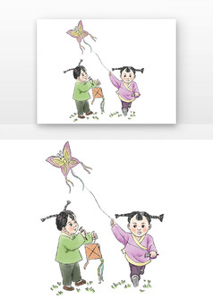 立春放风筝的小伙伴两个女孩放蝴蝶风筝