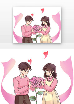 情侣手拿着玫瑰手绘卡通