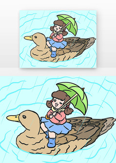 卡通雨水儿童骑鸭子