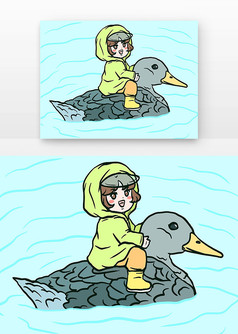 手绘雨水儿童骑鸭子
