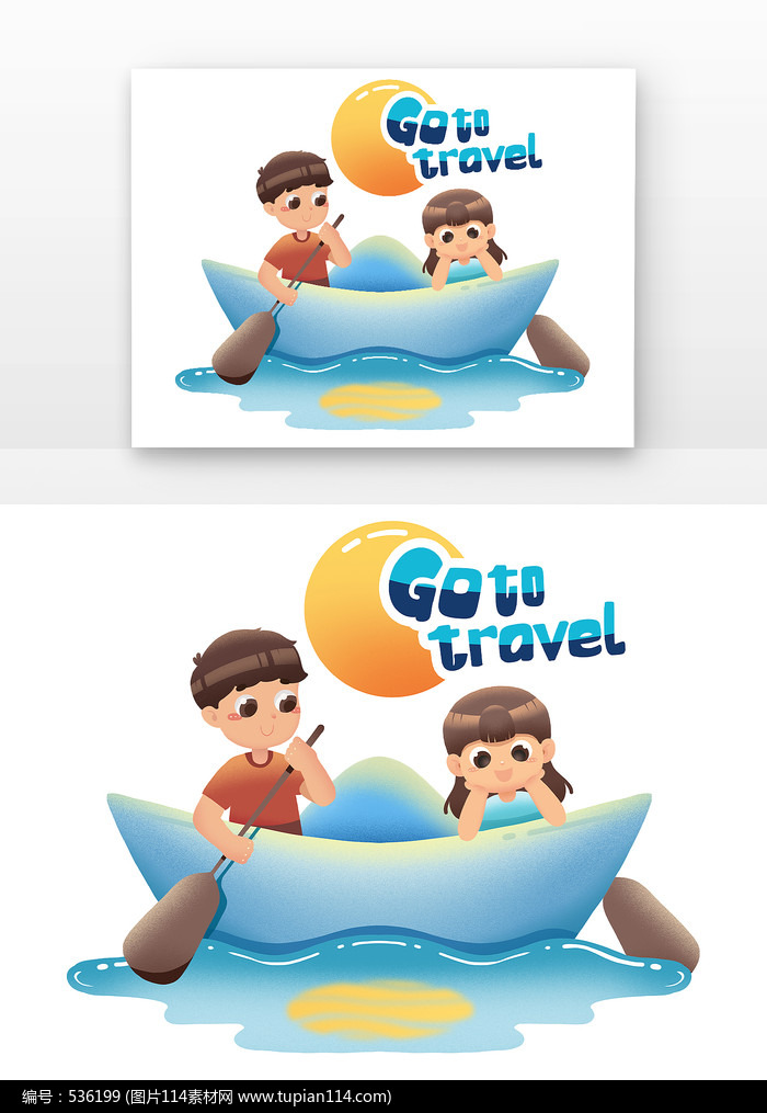 男孩女孩划船旅行主题插画元素