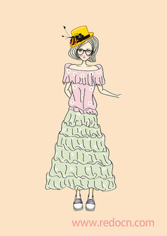 可爱时尚礼服少女手绘插画
