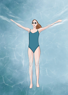 原创手绘插画夏天泳池美女游泳元素