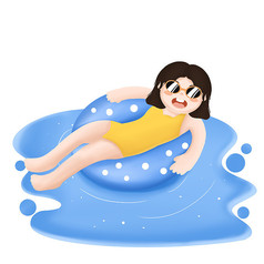 夏季女孩游泳元素原创手绘插画卡通女孩游泳元素女孩溺水呼救图溺水之