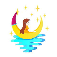 橘黄色夜晚小女孩坐在月亮船上看星星
