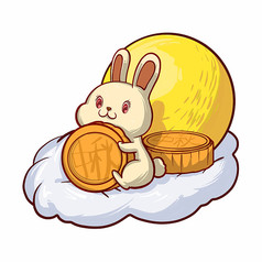 黄色中秋节玉兔吃月饼可爱形象