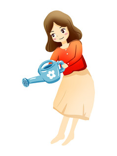 手绘卡通拿着水壶浇花的女孩