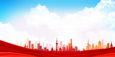 蓝天白云红色飘带彩色城市海报背景