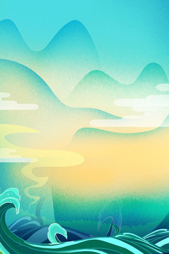 山峦海浪云雾国潮插画蓝色背景