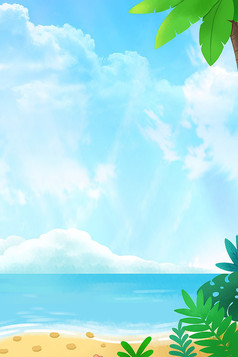 蓝天云朵海水沙滩绿植椰子树清新夏日背景