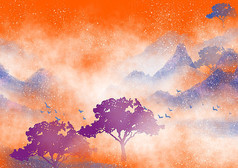 云雾缭绕朦胧紫树山峦暖橙色背景