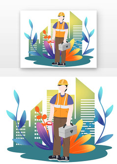 矢量五一工人和建筑