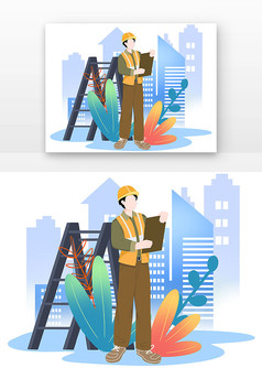矢量五一工人和建筑