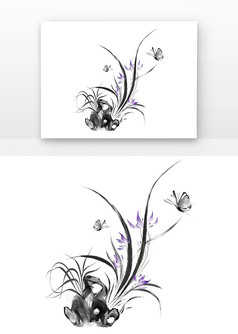 黑色石头上的紫色兰花与蝴蝶的水墨兰花
