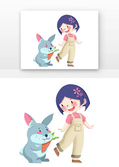 卡通可爱女孩与兔子