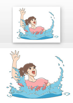 溺水人物手绘卡通元素