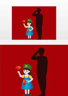 红色卡通儿童挥国旗军人影子