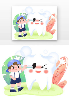 卡通爱牙日牙齿与可爱儿童