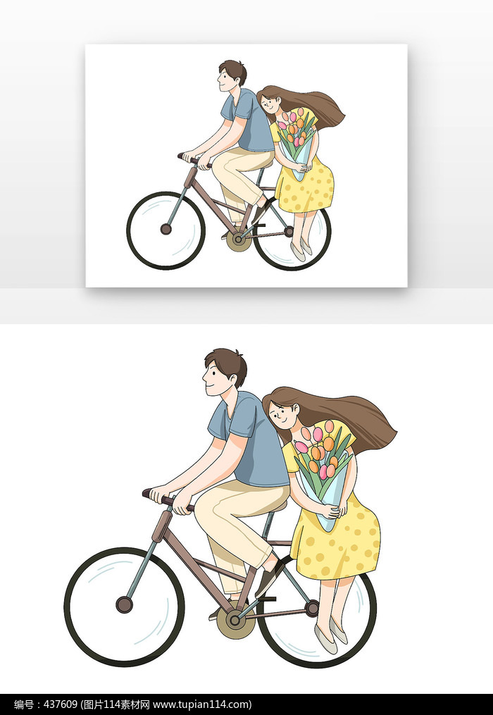 坐自行车的情侣抱着花