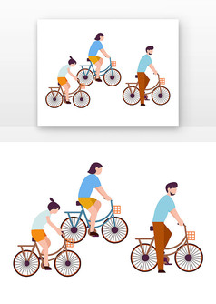 世界骑行日矢量三个青年人骑单车锻炼身体