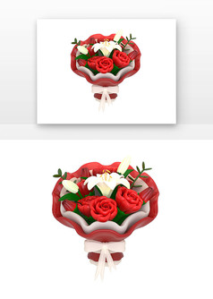 红色玫瑰花花束花朵花草3D元素