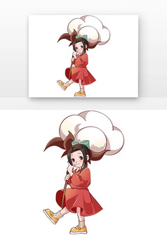 可爱卡通手绘人物女孩拿着棉花