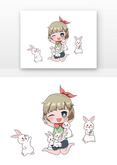 手绘卡通女孩与兔子