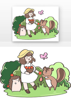 动物日女孩与小动物组合