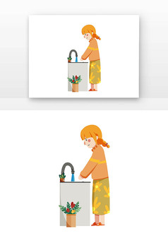卡通女孩洗手人物