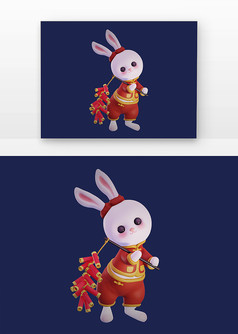 兔年3D兔子红色鞭炮卡通元素