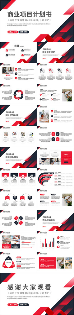 红黑色简约风商业项目计划书PPT模板