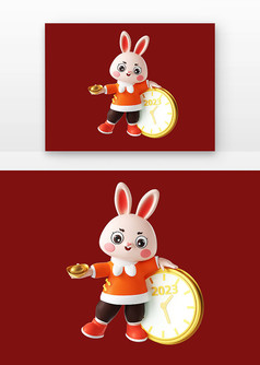 新年春节兔年3D立体兔子拿元宝形象