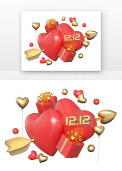 3D立体双12红色浪漫装饰元素