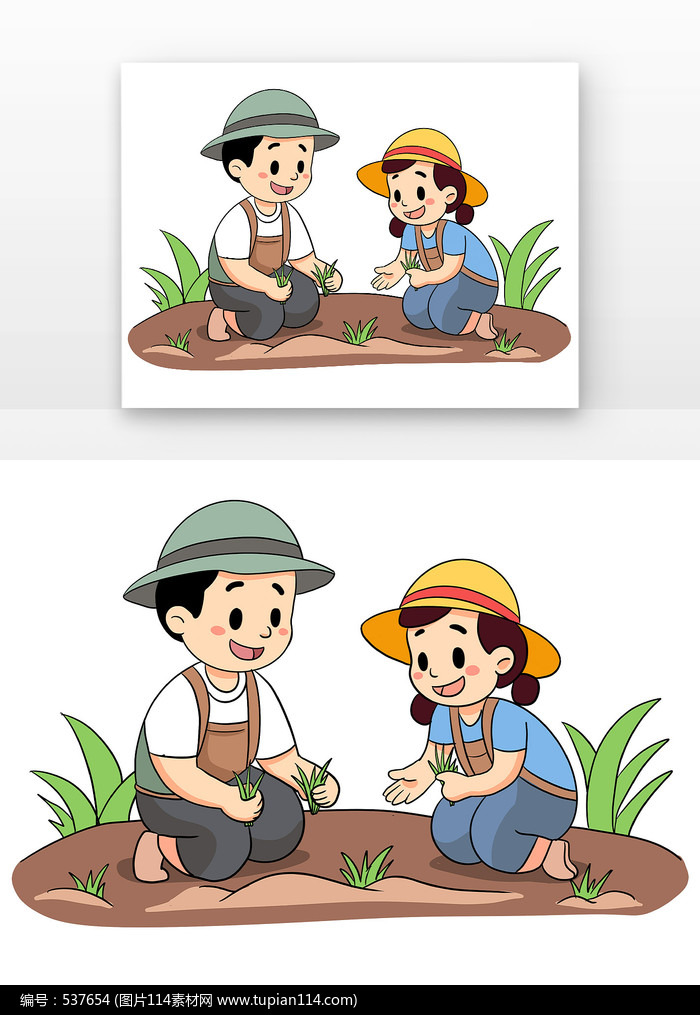 卡通农民戴着草帽育苗
