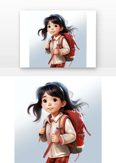 小女孩背着书包上学去插画