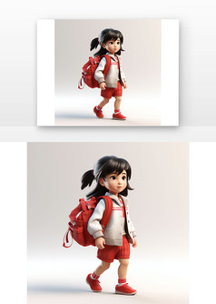 小女孩背着红色背包上学