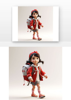小女孩背着红色背包上学